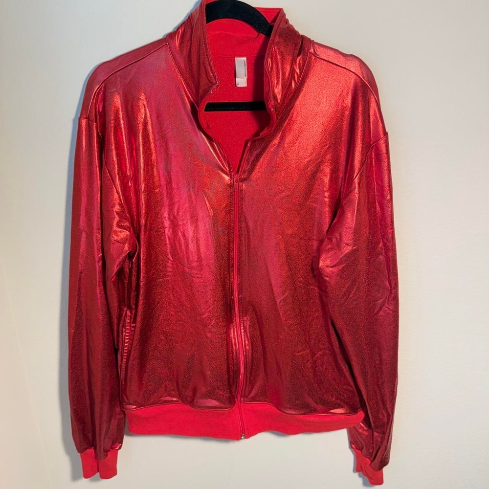 American Apparel red track jacket, metallic & shiny